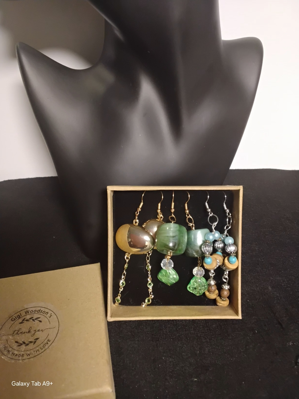 Gigi Woodson Green & Gold Handcrafted Bead Dangle Earrings Set